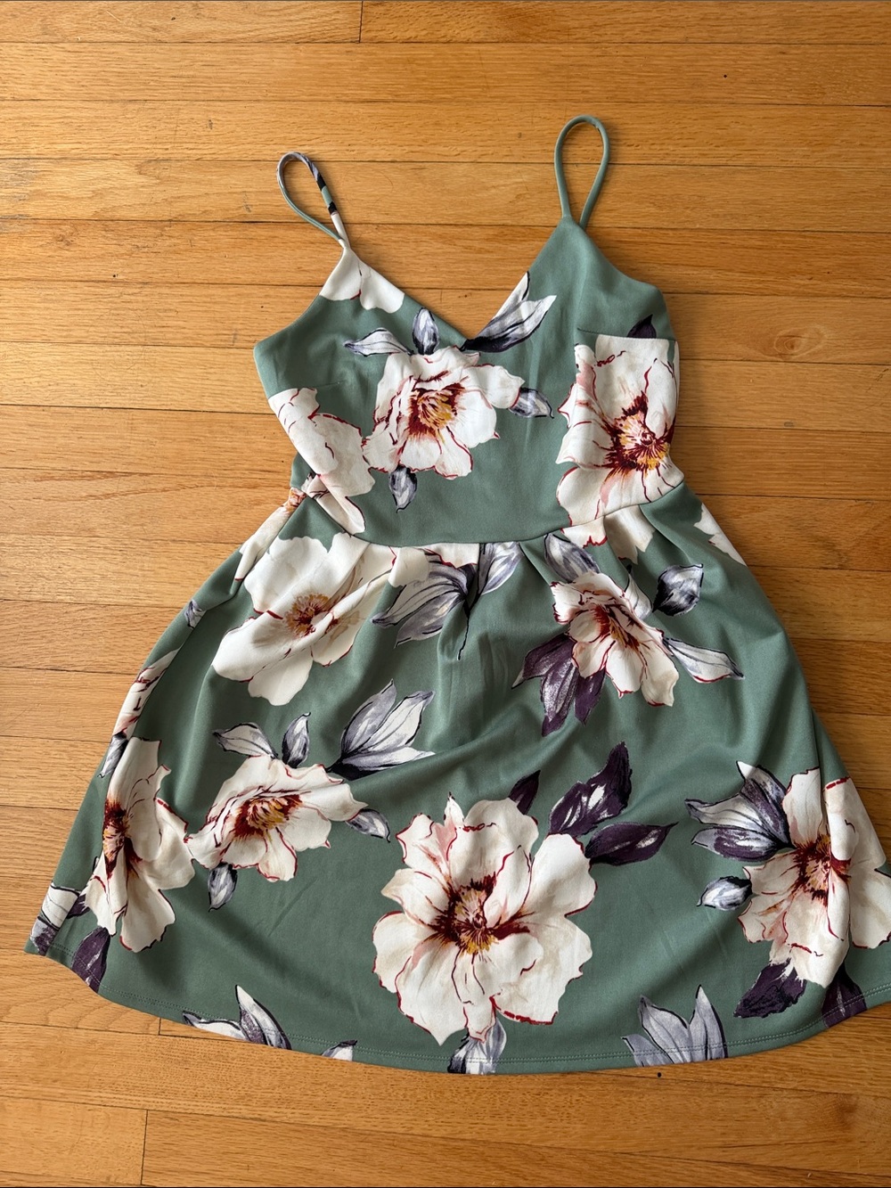 Monteau Sage Green Floral Spaghetti-Strap Mini Dress